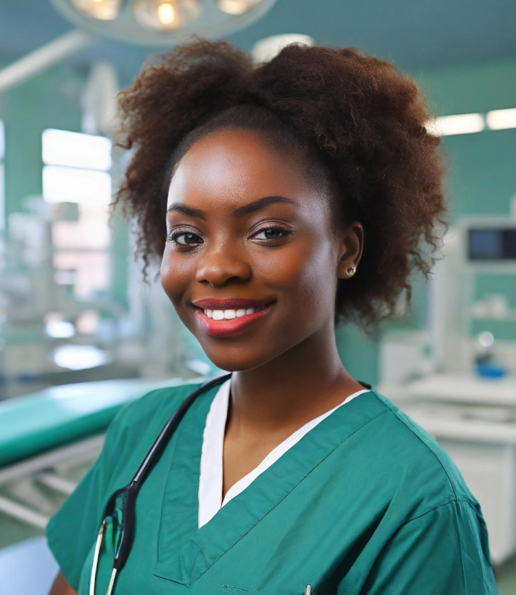 African American woman nurse in blue scrub in a hospital